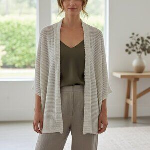 Eileen Fisher Linen Cotton Ribbed Open-Front Cardigan Bone Size Large NWOT